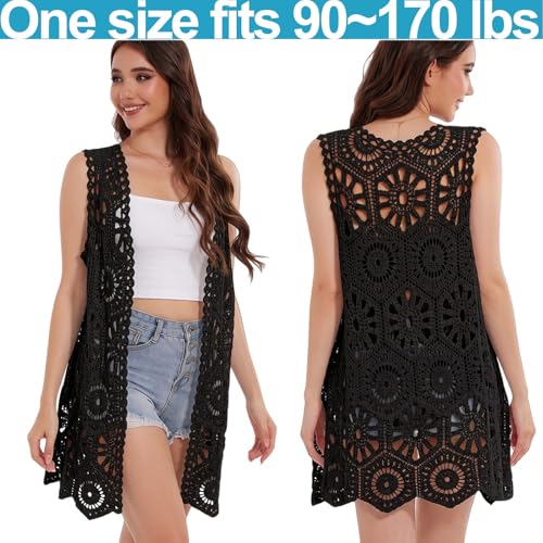 Image of Womens Crochet Flower Boho Short Sleeve Lace Vest Cardigan