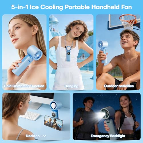 Image of 6000mAh Portable Handheld Fan with Ice Cooling, 199 Levels Stepless Speed, 20H Long Battery Life, 20000RPM Turbo Fan Rechargeable Personal Mini Fan for Travel, Outdoor, Makeup (Blue)