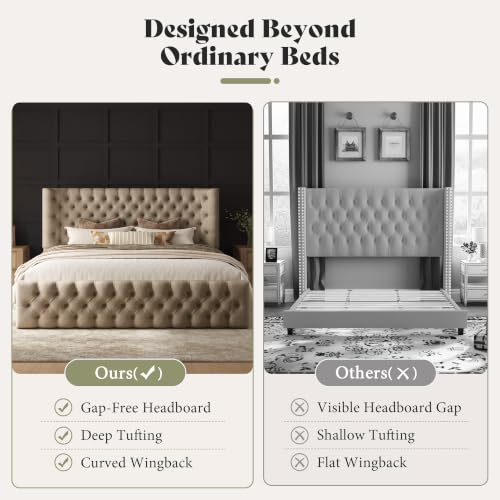 Image of AMERLIFE King Upholstered Bed with Headboard, Wingback, Khaki Linen