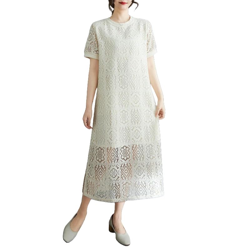 Robe coréenne en dentelle moulante coupe ample manches courtes pour femme