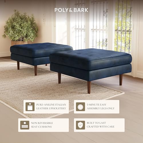 Image of Poly & BARK Napa Ottoman in Full-Grain Semi-Aniline Italian Tanned Leather in Midnight Blue