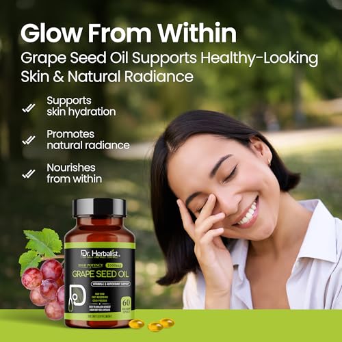 Image of Dr. HERBALIST Grape Seed Oil Capsules 1600mg - Cold Pressed Vitis Vinifera with OPC Proanthocyanidins | Supports Antioxidant Wellness & Cardiovascular Health* | Halal | 60ct