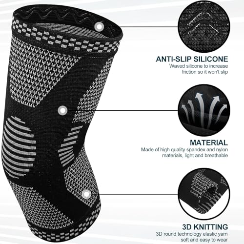 Quelcc 2 Pack Kniebandage Set, Kompression Kniestütze für Meniskusriss, Kniestütze für Damen und Männer, Rutschfeste Atmungsaktiv für Kniescherzen Lindert, Sport, Schwarz, L