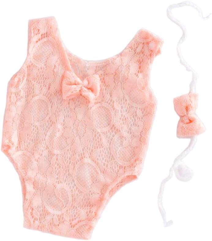 ARLAYO Newborn Girl Photography Outfits Lace Bow Vest Bodysuits and Headband(Pink)