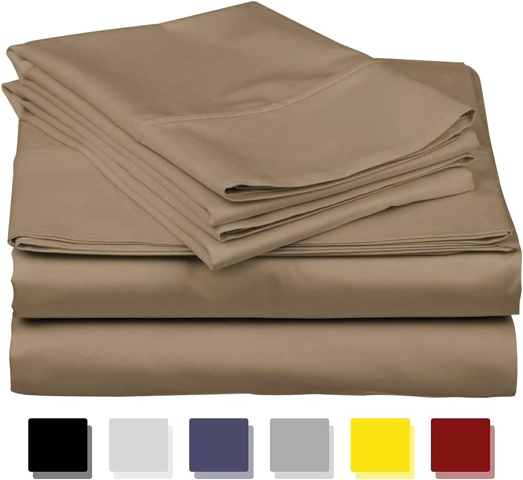 Split Cal King - 100% Cotton Split-Top-California King (Adjustable Cal King Bed Size Sheets) 300TC, Solid Taupe, Sateen Weave, 21 inch Deep Pocket, 4PC Bed Sheet Set