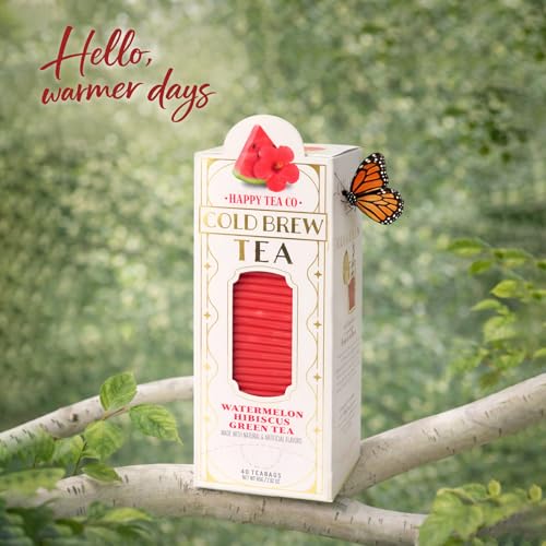 Image of Life Plus Style Gourmet Happy Tea Company Watermelon Hibiscus Green Tea Naturally Refreshing Cold Brew Tea Low Caffeine No Sugar Added Enjoy 40 Individually Wrapped Iced Tea Bags