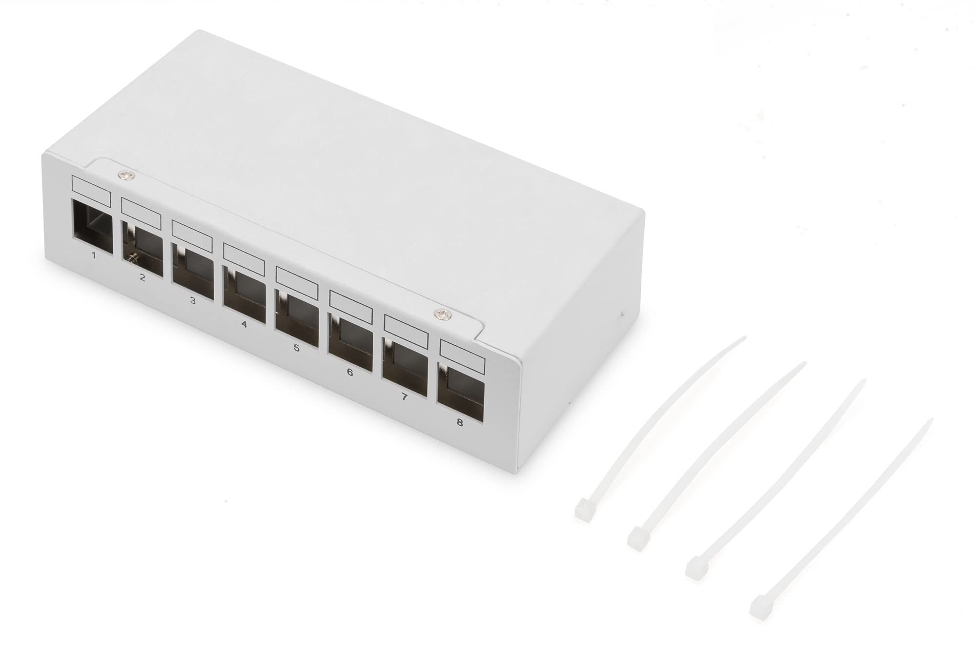 DIGITUS Set: Patchpanel – Modular – Desktop – 8-Port – Geschirmt – Grau – Mit 8x Cat6A Keystone-Modul