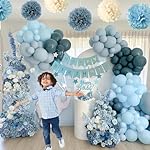 Blue Birthday Decorations - Blue Party Decor Balloons with Happy Birthday Banner Fringe Curtain Background Blue Pom Poms, Light Blue Birthday Decorations for Baby Boys Girl Men Women - Image 3