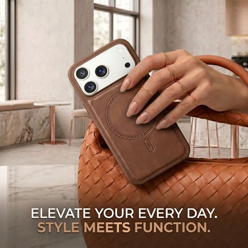Image of amazon basics Premium PU Leather Case for iPhone 17 Pro, MagSafe Compatible Magnetic Ring, Sleek Protective Back Cover - [Brown]