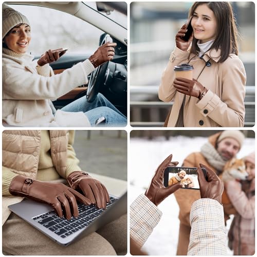 Womens Winter Leather Gloves Touchscreen Texting Warm Driving Lambskin Gloves (Light Brown, L) - Thumbnail 7