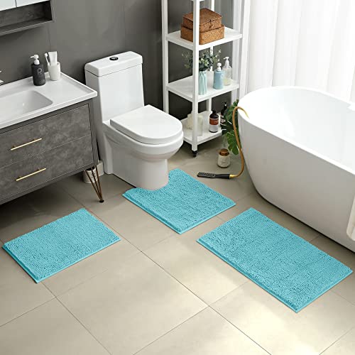 HOMEIDEAS 3 Pieces Bath Mat Set, Soft Chenille Bathroom Rugs Mat, 3X Absorbent Spa Shaggy Bath Rugs Set, Machine Washable & Non Slip Bath Mats for Bathroom, Tub, ShowerSpa Blue - Image 2