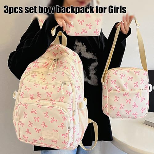 3PCS Set Bow Backpack for Girls, Cute Kawaii Backpacks Set Large Capacity, Nylon Coquette Casual Daypack (White)2