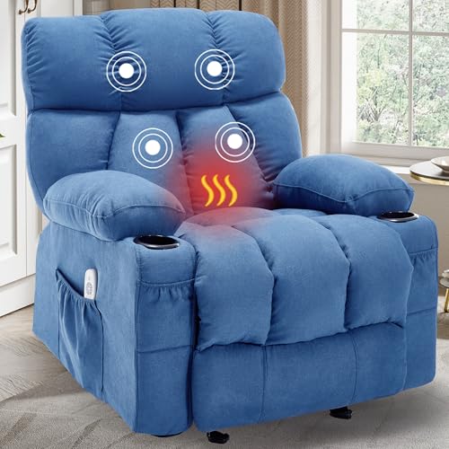 Massage Rocking Recliner Chair, Ergonomic Recliners Sofa with Vibration Massage & Heat, Rocking Chair Nursery Chair for Living Room Lounge with 4 Pockets, 2 Cup Holders, Darkblue