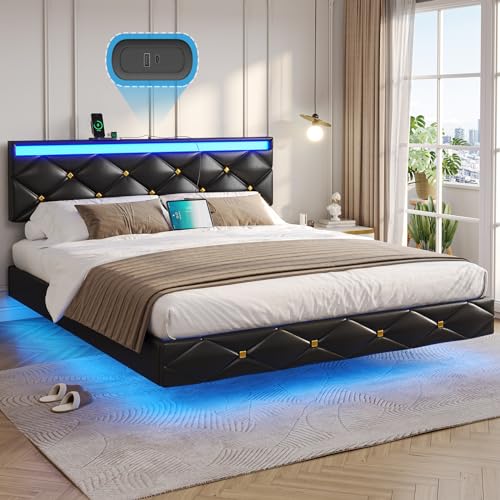Image of Hasuit Floating Bed Frame Full Size with LED Lights and Charging Station, Modern Full Platform Bed with Vegan Leather Upholstered Headboard, No Box Spring Needed, Noise Free, Easy to Assemble