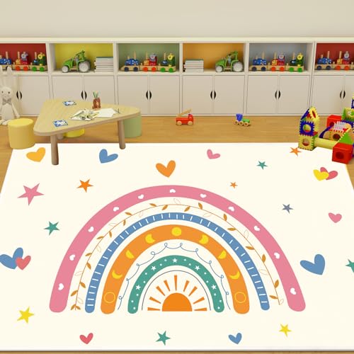 AKASISRUG Rainbow Area Rug 5x6.6 for Living Room and Bedroom Girls, Washable Rug with Non-Slip Backing Soft Colorful Rainbow Floor Rug Area Rug Carpet for Room Girls Kids Nursery (Pink, 5 X 6.6ft)