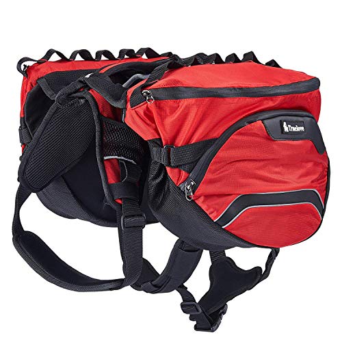 PETTOM Dog Hiking Harness Backpack Pet Adjustable Removable Saddle Bag Waterproof Vest Walking Camping Packs for Medium Large Dogs (Large, Red)