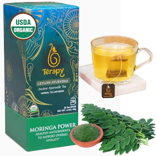 Térapy Ceylon Organic MORINGA TEA | USDA Organic Herbal Tea Bags| Helps with Vitality & Antioxidants | 100% Natural Ayurvedic Ingredients | 20 Individually Wrapped Tea Bags