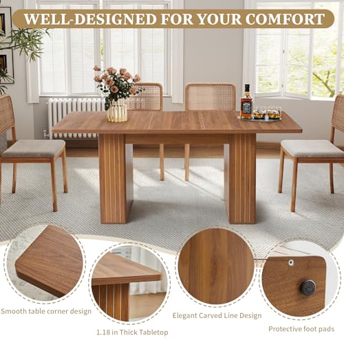 Image of 55 in-71 in Extendable Rectangular Dining Table for 4-6, Modern Farmhouse Expandable Kitchen Table with Carved Line Base, Wooden Dinner Table for Kitchen Living Room Home Office (Walnut)