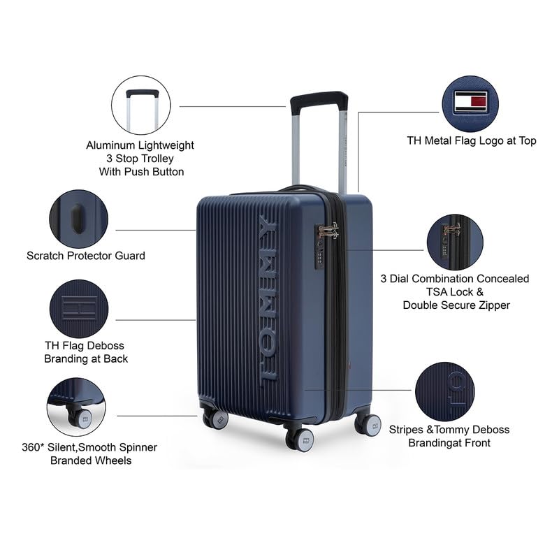 Image of Tommy Hilfiger Polycarbonate Double 8 Spinner Wheels Hard Shell Luggage Trolley, Navy Blue, Empire Plus, 35L | Big Suitcase for Travel, Travelling Luggage, Small, 57 Cm