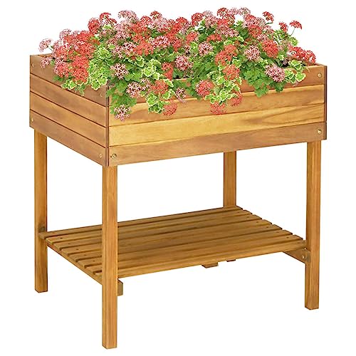 Runheo Hochkübel 78,5 x 58,5 x 78,5 cm Massivholz Akazie, erhöhter Pflanzkübel mit Ablage und PVC-Folie für Garten, Terrasse und Balkon, witterungsbeständig
