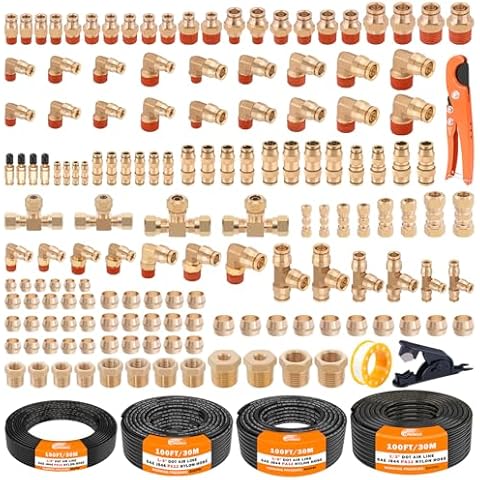 CheeMuii 156 PCS Brass DOT Air Line Fittings with 4 Roll 100FT 1/8" 1/4" 3/8" 1/2" DOT Air Lines Kit Push Lock Air Fitting Quick Connect Air Fittings with Air Hose Pneumatic Tubing Cover