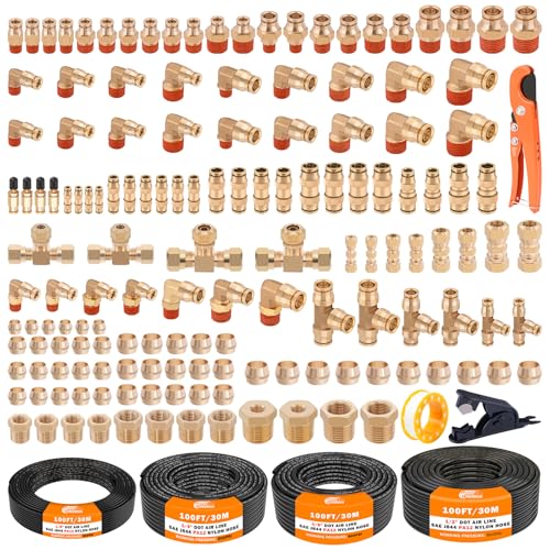 CheeMuii 156 PCS Brass DOT Air Line Fittings with 4 Roll 100FT 1/8" 1/4" 3/8" 1/2" DOT Air Lines Kit Push Lock Air Fitting Quick Connect Air Fittings with Air Hose Pneumatic Tubing
