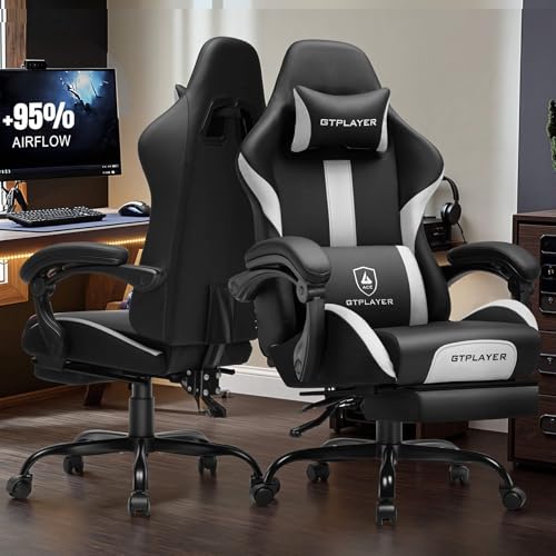 Image of GTPLAYER Gaming Chair with Pocket Spring Cushion, Leather Office Chair with Ergonomic High Back & Lumbar Support for Back Pain Relief, Computer Game Chair for Adults, White /Black