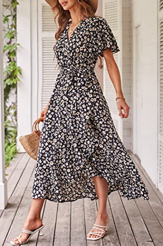 PRETTYGARDEN Women's Summer Floral Boho Maxi Dress Wrap Short Sleeve V Neck Ruffle A-Line Flowy Wedding Guest Long Dresses