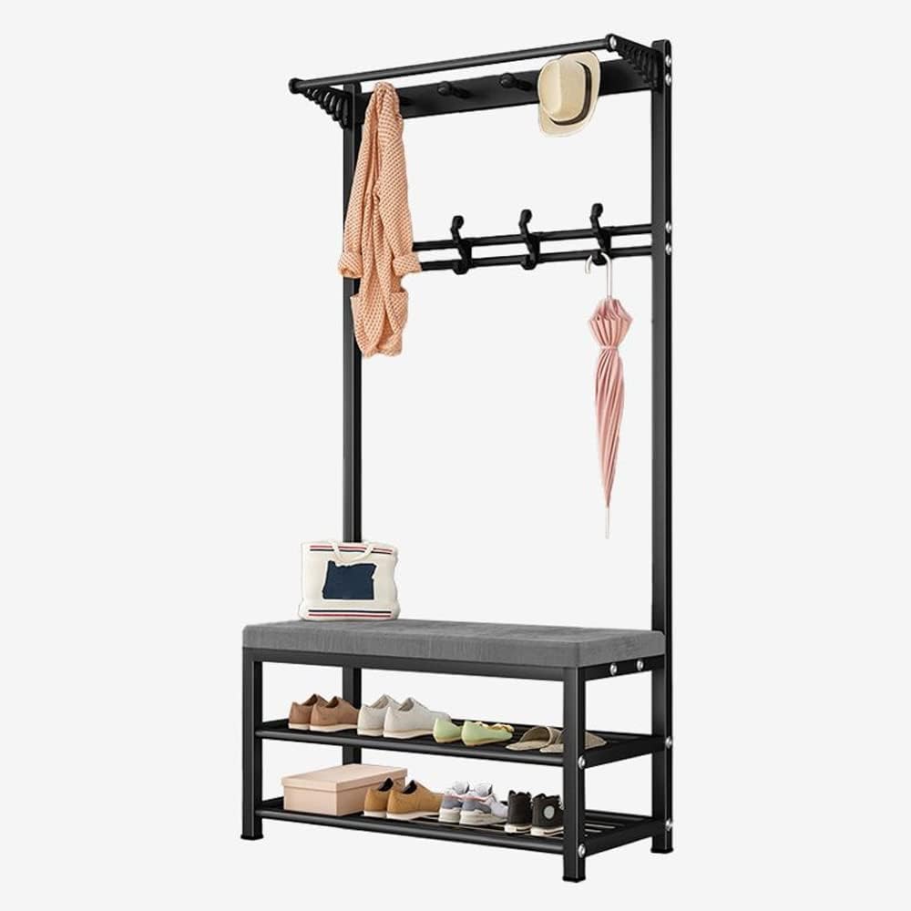 LITFAD 4-in-1 Coat Rack 67 inch Hall Tree with Shoe Bench for Entryway, Industrial Style Shoe Storage Shelf with Hanging Hooks and Hanging Rod for Living Room, Bedroom-Black 24" L x 13" W x 67" H