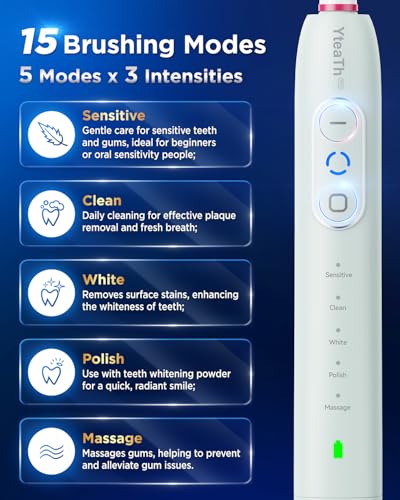 Image of Electric Toothbrush for Sensitive Teeth - Adult Toothbrushes with 3 Intensities 5 Modes, 8 Brush Heads, IPX7 Waterproof, Travel Electric Toothbrush, Light Green
