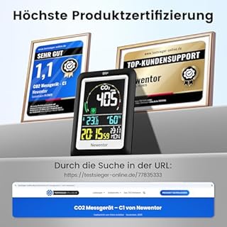Newentor CO2 Messgerät, 4 CO2-Konzentrationsstufen mit Alarm und Lüftungsempfehlungen, Batteriebetrieb & USB-Anschluss mit 3 Helligkeitsstufen, für Schulen, Büro, Wohnzimmer, NDIR, Schwarz, 1er Pack