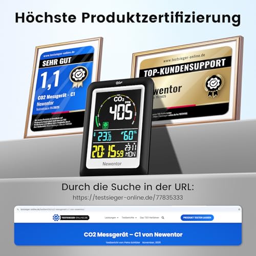 Newentor CO2 Messgerät, 4 CO2-Konzentrationsstufen mit Alarm und Lüftungsempfehlungen, Batteriebetrieb & USB-Anschluss mit 3 Helligkeitsstufen, für Schulen, Büro, Wohnzimmer, NDIR, Schwarz, 1er Pack