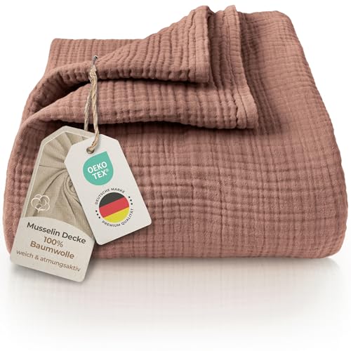 LAYNENBURG Premium Musselin Tagesdecke 150x200 cm - 100prozent Baumwolle - extraweiche, leichte Sommerdecke als Kuscheldecke, Bett-Überwurf, Baumwolldecke, Couch-Überwurf - warme Sofa-Decke (Mokka)