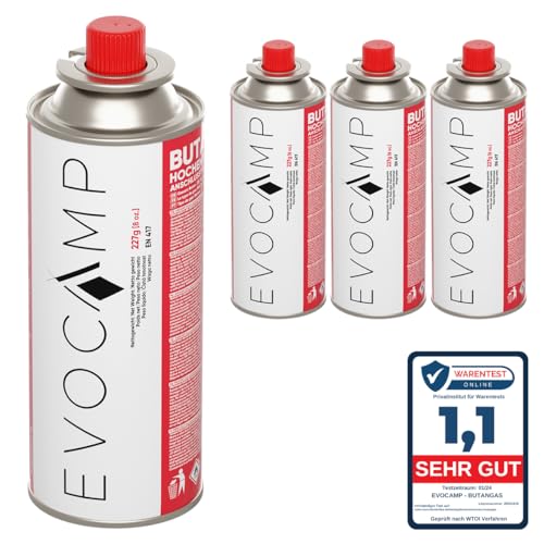 EVOCAMP 4X Stück Butan Gaskartuschen 227g Typ MSF-1a Bajonett Ventil ideal für Campingkocher, Gasheizung, Unkrautbrenner, Camping Gas Butangas Kartusche, Universaldruckgasdose für Camping und BBQ