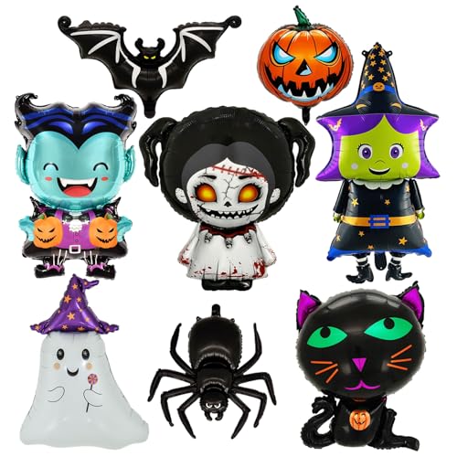 38 Inch Halloween Ghost Foil Mylar Balloons Bat Spider Scary Pumpkin Witch Skull Cat Balloons for Halloween Birthday Party Decorations - Pack of 8