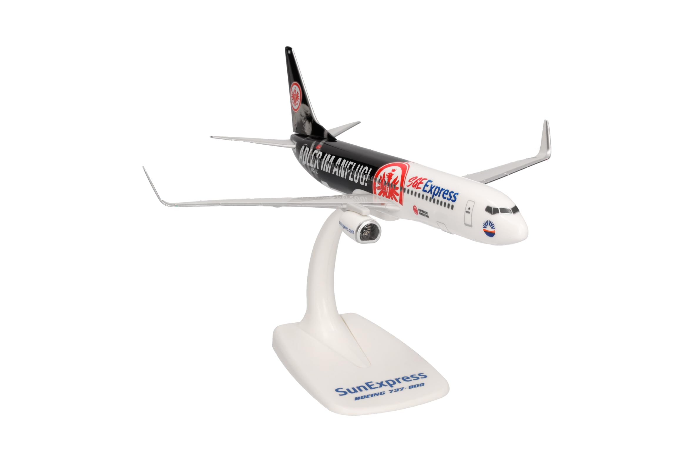 Herpa Snap-Fit Modellflugzeug Sun Express Boeing 737-800 "Eintracht Frankfurt - SGE Express - Adler im Anflug - TC-SPM, Miniatur im Maßstab 1:200, Sammlerstück, Modell mit Standfuß, Kunststoff