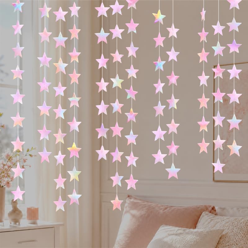 Image of Iridescent Pink Shining Star Hanging Garland Pink Holographic Hanging Sparkling Star Streamer Glitter Star Banner Twinkle Star Backdrop for Wedding Baby Shower Birthday Christmas Decorations 40 Feet