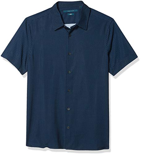 Perry Ellis Men's Total Stretch Slim Fit Dot Print Short Sleeve Button-Down Shirt, Mediterranian Blue, X Large