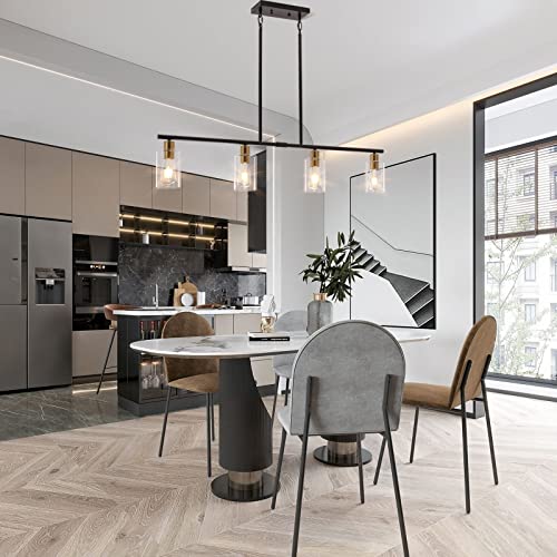 Yarlkav Kitchen Island Lighting, 4 Lights Linear Chandeliers Rectangle Pendant Light Fixtures For Dining Room Farmhouse Hanging Light With Glass Shades(Black & Gold) #TOP4
