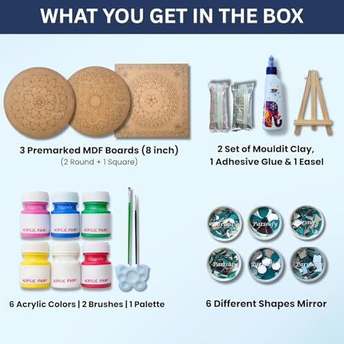 Image of Parssufy Lippan Art DIY Kit for Wall Decoration - 3 Pre-Marked 8 Inch MDF Boards with Acrylic Paints, Clay, Craft Mirrors, Brushes & Easel | Traditional Mud Art Kit for Kids & Adults