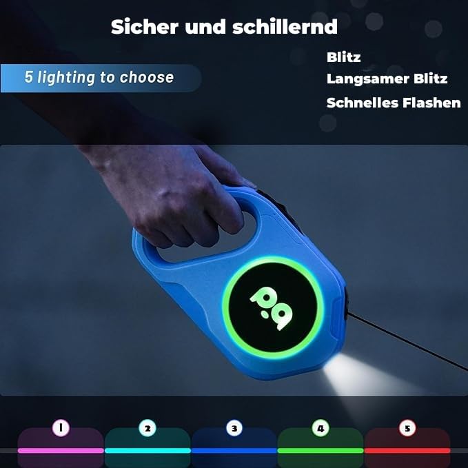Einziehbare Hundeleine Aufgerüstet Wiederaufladbar mit LED-Licht, Einhandbremse und Entriegelung Verwicklungsfreie Haustierleinen 16ft/5m Nylonband für bis zu 88lbs kleine mittelgroße Hunde (blau)