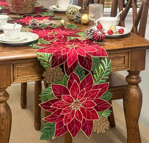 KEVA Holiday Christmas Table Runner 72 inches Long, Embroidered Red Velvet Poinsettia Cutwork Christmas Table Decorations for Home and Kitchen, Red Table Runner 13 Inch x 72Inch
