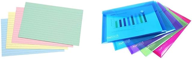 Concord 39421CC Record Card Smooth 152x102mm Assorted Ref 16199 [Pack 100] &Rapesco 0689 A5 Plastic Popper Wallet, Assorted Transparent Colours, Pack of 5