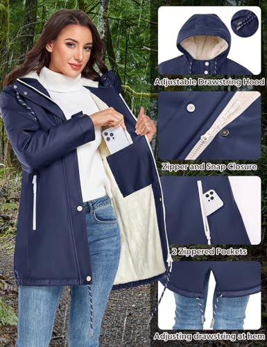 Vancavoo Wintermantel Damen Winterjacke Warm Gefüttert Wasserdicht Atmungsaktiv Regenmantel Übergangsjacke Winter Windbreaker Jacke Mantel Outdoorjacke mit Kapuze,Marineblau,L