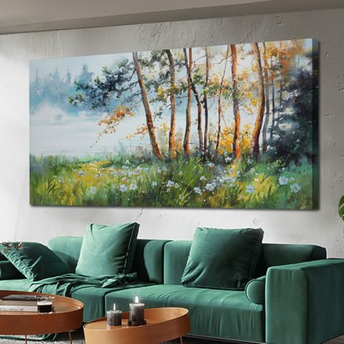 Ardemy Tree Wall Art Canvas for Living Room Landscape Textured Green Forest Painting Nature Flower Picture Bedroom Teal Scenery Artwork Framed Kitchen Home Office Wall Decor, Extra Large 58"