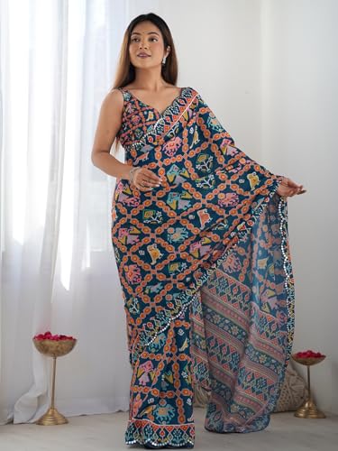 Image of Panzora Women's Chinon Printed Saree With Unstitched Blouse Piece