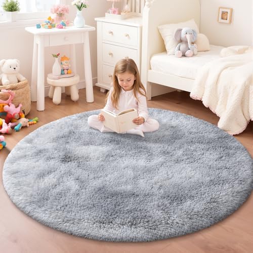 Image of JOYARR Round Rug Kids Room Bedroom Nursery, Fluffy Soft Shaggy Washable Anti-Slip Modern Decor Carpet, Tie-dye Light Grey, 100 cm
