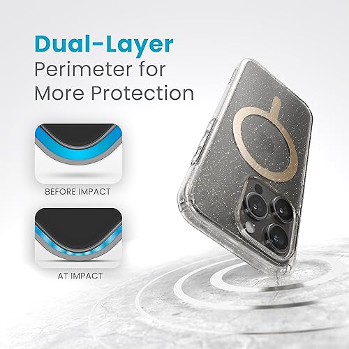 Image of Speck iPhone 15 Pro Case - Built for MagSafe, Drop Protection - Scratch Resistant, Anti-Yellowing 6.1 Inch Phone Case - Presidio Lux Clear /Gold Glitter /Beige Sweater