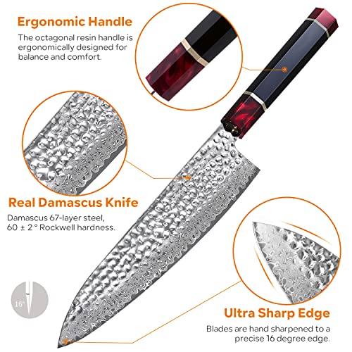 Image of 8 inch Damascus Chef Knife, Japanese 67 Layer 9CR18MOV Clad Steel Ultra Sharp kitchen Knife, Ergonomic Resin Handle Gyuto Sushi Knife,professional Chef's Knives with Sheath