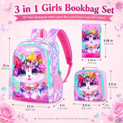 Image of 3Pcs Cat Backpack for Girls, 16 inch Kids School Backpacks with Lunch Box, Bookbag for Elementary Preschool Kindergarten(Pink)